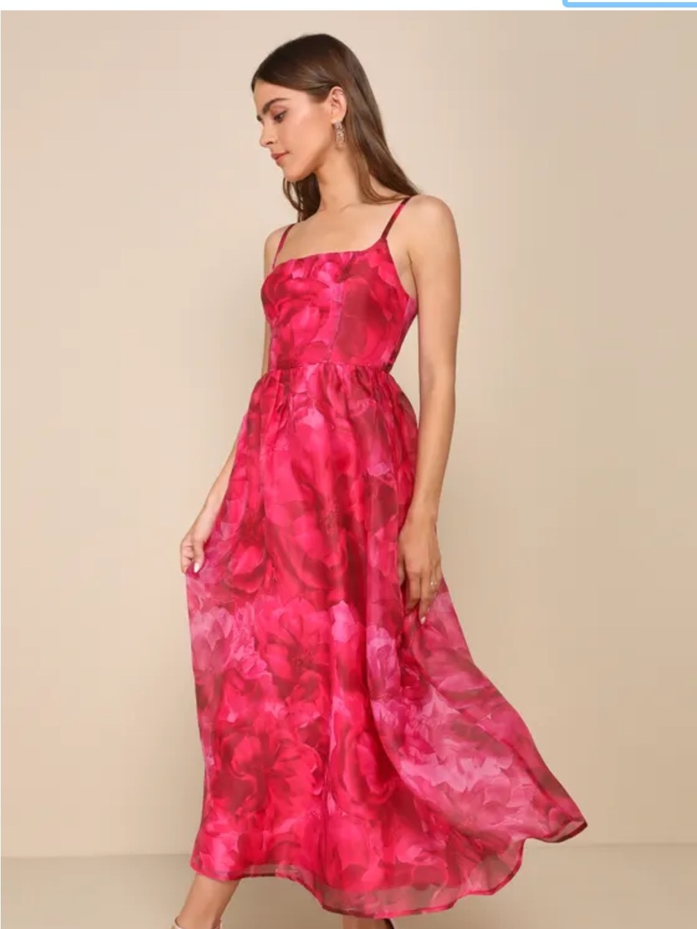 Lulu's Darling Icon Dark Pink Floral Organza Lace Up Midi Dress